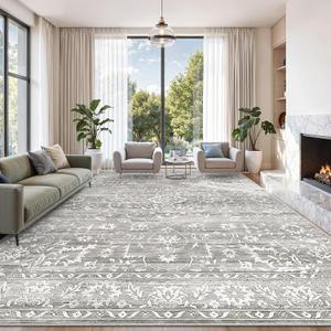 Soalmost Living Room 10x14 Area Rugs, Washable Low Pile Non-Slip Stain Resistant Extra Large Thin Rug, Vintage Soft Throw Carpet for Dining Room Bedroom Farmhouse Home Office Decor Grey