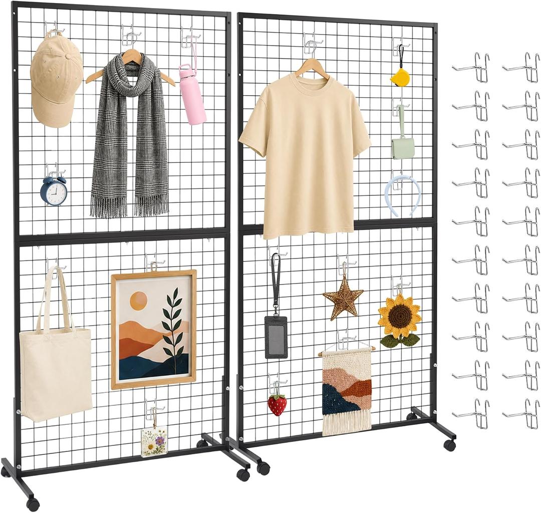2-Pack 3' x 6' Gridwall Panel Display Stand with Wheels, Heavy Duty Freestanding Wire Grid Wall Display Rack, T-Base Floor Stand with 20 Hooks for Retail Stores, Craft Shows & Vendor Events（Black）