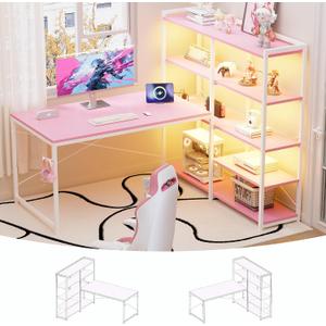 Pamray 49 Inch L Shaped Gaming Computer Desk with Shelves and Storage | Compact Reversible Design with LED Lights & Power Outlets, Suitable for Home Office Bedroom Small Spaces and Dorm Study Work