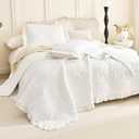 Lady Ann Cream White Oversized King Quilt Set, Stone-Washed Ruffle Oversized King Bedspreads 120x120 for Bed, Lightweight 3 PCS Shabby Quilted Crinkled Coverlet Farmhouse Rustic Bedding Set All Season