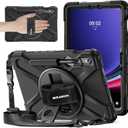 BRAECNstock for Samsung Galaxy Tab S10 Lite/ S10 FE/ S9 FE/ S9/ S8/ S7 5G Case 10.9"/11", Shockproof Protective Case with Pencil Holder, 360 Rotating Hand Strap & Stand, Shoulder Strap, Black (01 Black (Without Screen Protector))