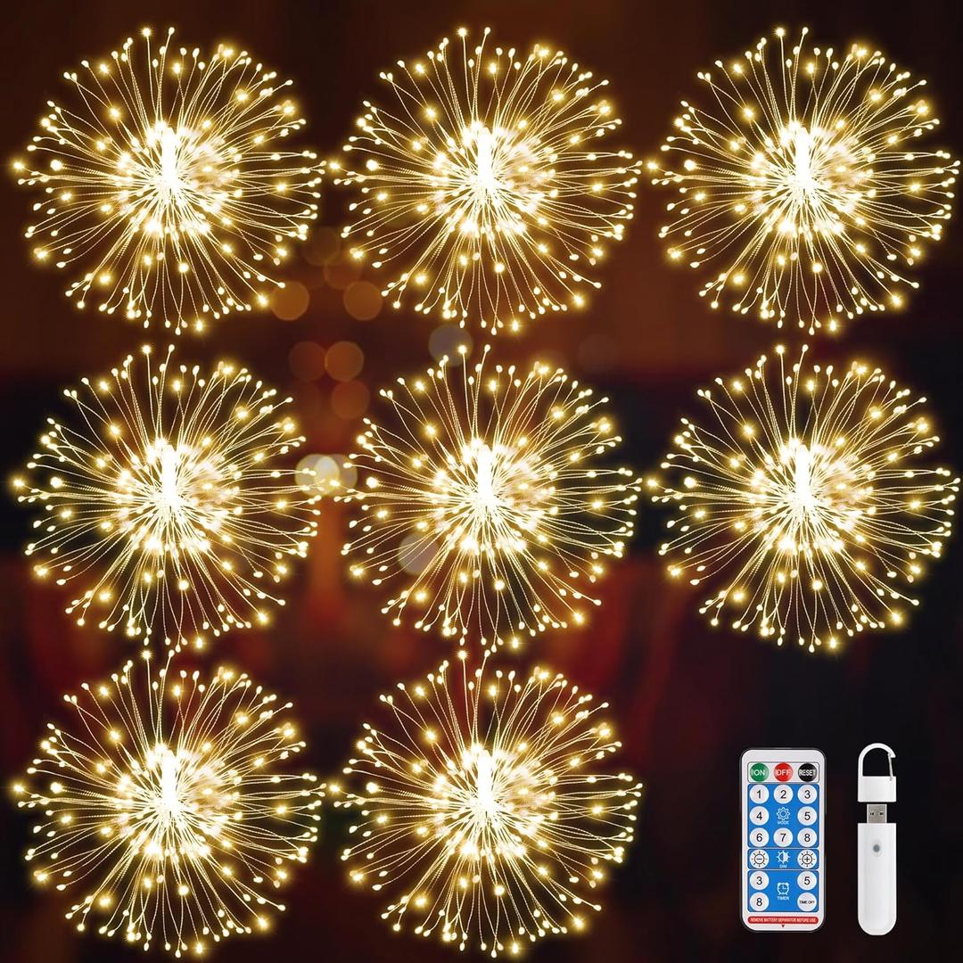Firework Lights USB Hanging Sphere Lights 8 Pack, Copper Wire Fireworks Light for Christmas, Rechargeable LED Star String Lights Fairy Lights with Remote for Wedding Party Garden Decoration
