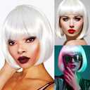 White Bob Wig With Bangs 12 Inch Short Bob wig for Women Short Bob Wigs Synthetic Fiber Bob Wigs and Halloween Cosplay Wig for Daily Life Colorful Wigs With One Cap (White)