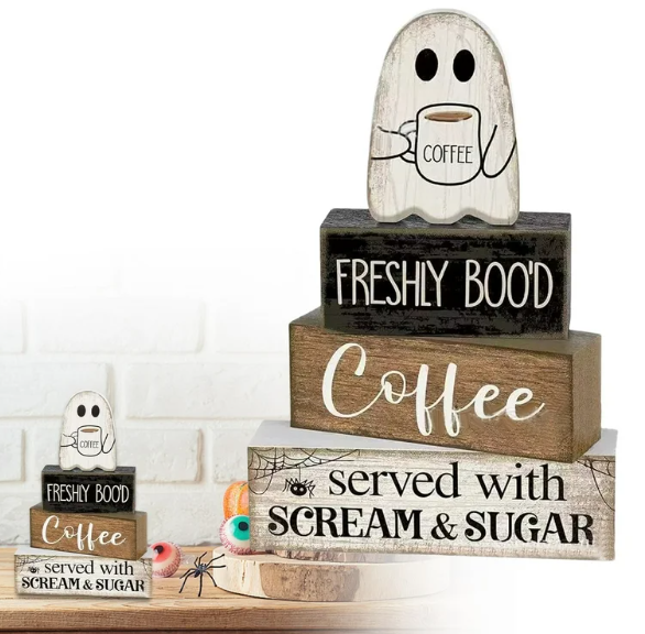 4 Packs Halloween Table Decorations-Coffee Ghost Wooden Signs Halloween Decorations Tiered Tray Decor Centerpiece Sign for Farmhouse Ghost Tabletop Coffee Bar for Home Office Kitchen Shelf Party 