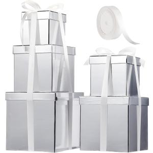 Cholemy 5 Pcs Square Nesting Boxes Decorative Gift Boxes with Lid and Ribbon Assorted Sizes Wrap for Wedding, Thanksgiving, Christmas, Anniversary, Birthday, Bridal Party(Silver)