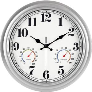 JENLYSTIME 13 Inch Outdoor Clock, Waterproof and Silent, with Thermometer and Hygrometer, Large Numbers for Easy Reading, Perfect for Home, Office, Bedroom, Kitchen, Porch, Garden, Pool (Silver)