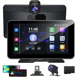 Wireless Carplay Screen for Car, 7'' Portable Car Play with Backup Camera, 4K Dash Cam, for Apple Carplay & Android Auto, GPS Navigation, Car Audio Receivers Bluetooth/Mirror Link/FM/Siri 64G