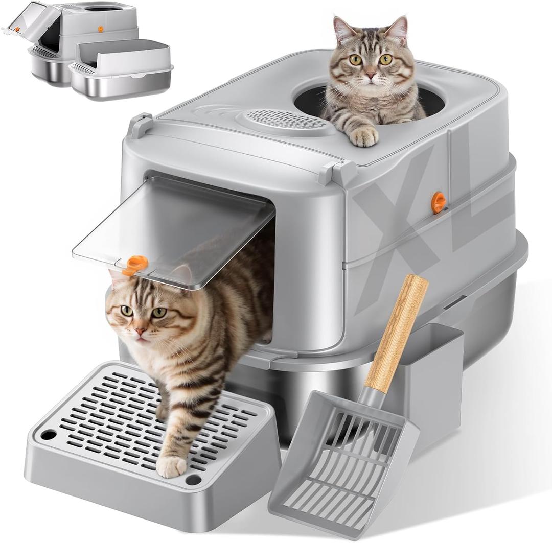Stainless Steel Cat Litter Box with Lid, XL Extra Large Metal Litter Box for Big Cats, 180 Flip Cover Enclosed Top Entry Litter Boxs with High Sided Enclosure & Scoop, Non-Sticky, Anti-Leakage (Grey)