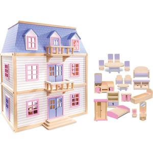 Melissa & Doug Wooden Multi-Level Dollhouse Wooden Multi-Story Pretend Play Dollhouse for Kids