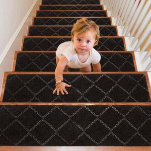 Seloom 9" x 36" Stair Treads for Wooden Steps- Carpet Non-Slip with Non Skid Backing Specialized for Indoor Steps, Removable Washable Step Runners Perfect for Dogs (Black,15-Pack, Rhombus) (9"*36")