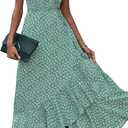 PRETTYGARDEN Women's Boho Floral Maxi Dress Summer Short Sleeve Wrap V Neck Long Flowy Beach Vacation Wedding Guest Dresses (Green, XL)