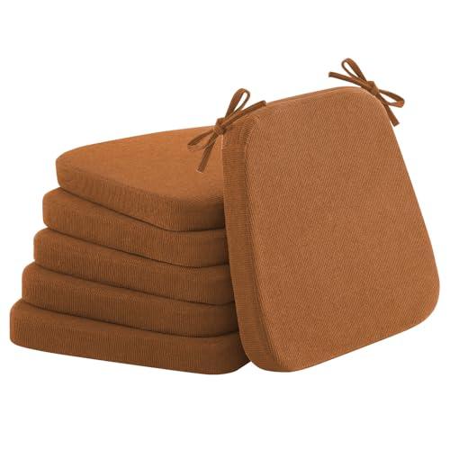 Nobildonna 2'' Thick High-Density Foam Indoor Chair Cushions | Dining Chair Pads with Ties, Removable Washable Cover, Dining Chair Cushions 17"x16", Orange Brown 6 Pack