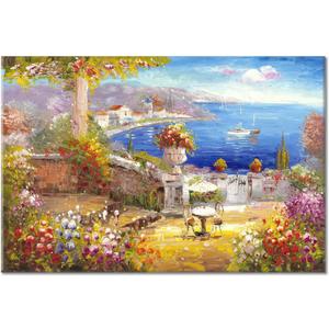 Mediterranean Canvas Wall Art - Italy Wall Art - Italian & Paris Cafe Artwork Oil Paintings Seaside Seascape Picture for Living Room Wall Decor 45"x30"