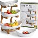 3Tier Fruit Bowl Stand for Kitchen Countertop, Removable Plastic Bowls with Bamboo Frame, Tiered Fruit Basket Organizer for Snacks, Desserts & Party (White)