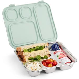 Elk and Friends Kids Stainless Steel Bento Box with Silicone Lid | Leak-proof | Toddler Lunch Container | 4 Compartments | Dishwasher Safe (Sage)