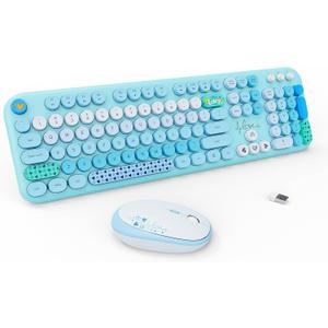 Wireless Keyboard Mouse Combo,MOFII 104 Round Keys Lovely Full-Size Cute Colorful Computer Typewriter Keyboard and Mouse with Retro Keys for PC/Mac/Laptop/Tablet/Computer/Windows Coffee (Blue)