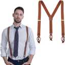 UPSONG Mens SuspendersBrown Leather Button Tab and Clip Braces Heavy Duty Suspender Wedding Suspenders for Groom Groomsmen