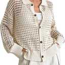QWINEE Women's Crochet Cardigan Sweater Lightweight Cardigan Hollow Out Sweater Long Sleeve Button Down Knit Top (X-Large, Apricot)