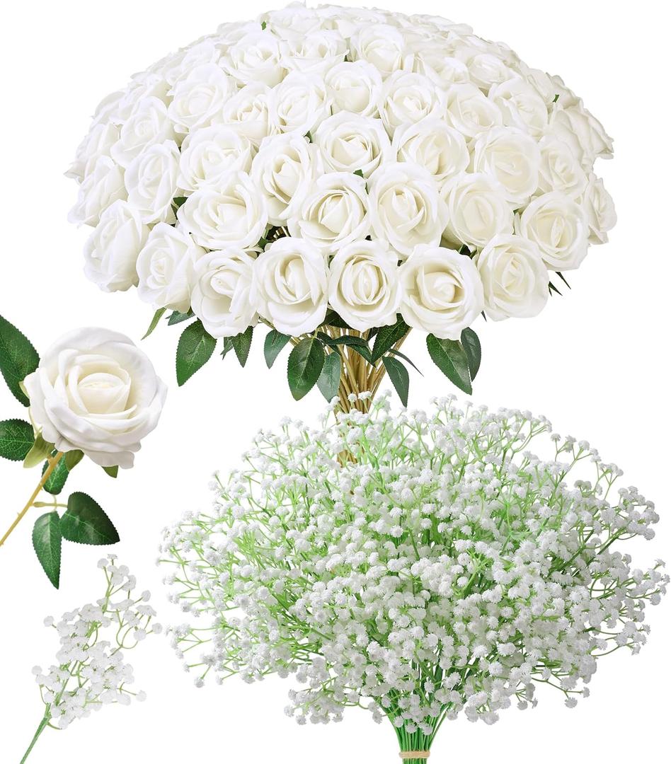 HyeFlora 35 PCS Artificial White Roses with 15 PCS Fake Baby Breath Realistic Fake Flowers Bouquet with Stem for DIY Wedding Party Home Decoration Vase Tables Centerpieces Arrangements Gift for Her