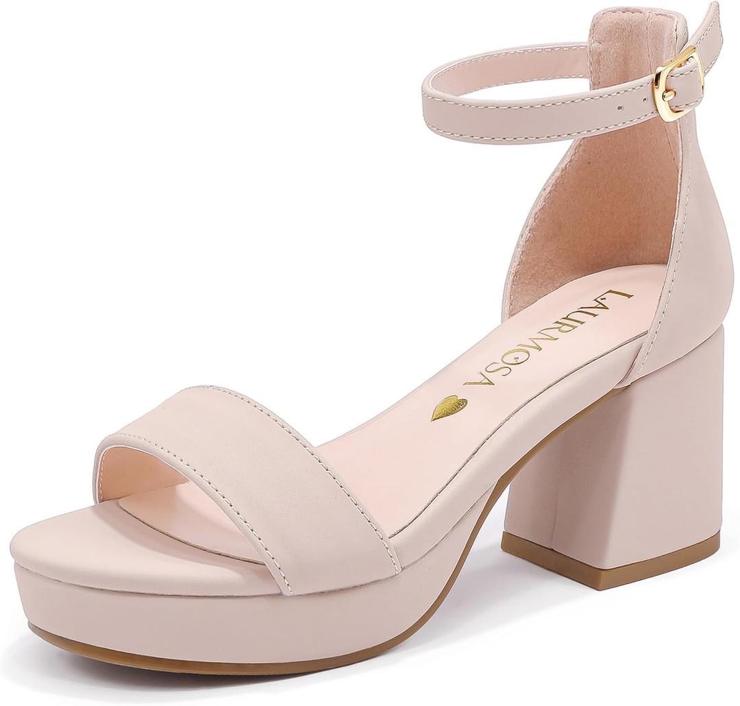 LAURMOSA High Heels for Kids Sandals Big Girls Dress Shoes Flower Girl Shoes for Wedding Party Pageant Round Open Toe Ankle Strap Dress Sandals Platform Heels Chunky Pumps for Little Big Kids (Beige) 2