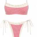 seamoly Gingham Spliced Ruched Ruffles Trim Bowknot Decor Tie Side Bikini Set (Small, Red)