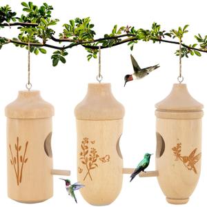 Hummingbird House - Natural Wooden Hummingbird Houses for Outside Hanging, Gardening Gifts for Women, Bird Lovers 3 Packs