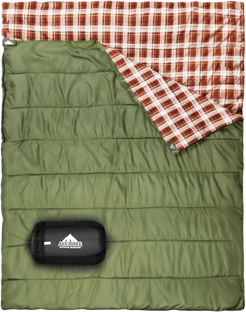 Cotton Flannel Double Sleeping Bag for Camping, Backpacking Or Hiking. Queen-size 2 Person Waterproof Sleeping Bag for Adults Or Teens. Lightweight with a Compression Sack