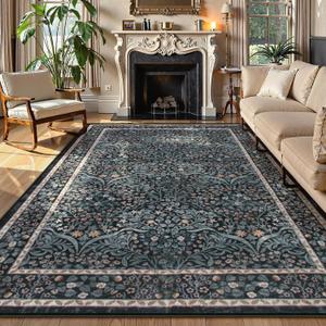 Lahome Floral Washable Rugs 8x10, Soft 8x10 Area Rugs for Living Room Bedroom, Boho Non-Slip Forest Stain Resistance Large Throw Carpet for Farmhouse Dining Room Office, Black