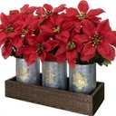 Poinsettias Artificial Christmas Flowers with LED Lights, Red Xmas Table Centerpiece in Pots and Wood Box for Decoration