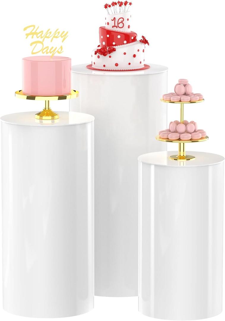 Wokceer Cylinder Pedestal Stands for Party White 3Pcs Large Round Cylinder Tables for Parties Pedestal Display Plinth Pillars for Wedding Birthday Party Art Decor 15.7*35.4"(L, Round)