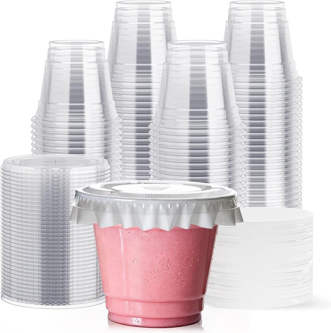 JOLLY CHEF 200 Sets 9 oz Clear Plastic Cups with Flat Lids, and Paper Lid Liners, 9 Ounce Plastic Cups with Flat Lids for Parfait, Snacks, Fruit, Pudding
