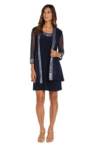 R&M Richards Women's 2-Piece Sheer Jacket Dress Set - Beaded Trim & 3/4 Sleeves - Cocktail, Party & Formal Occasions Navy 22W