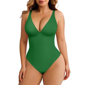 FeelinGirl Green Bodysuits for Women Tummy Control Thong Shape Wear Body Suit Sexy V Neck Body Suit Corset Top, Large