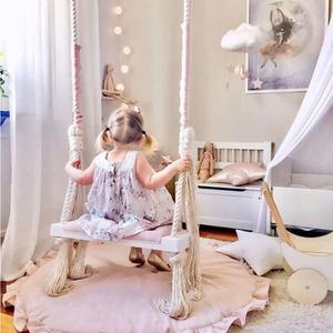 Pink Wooden Tree Swing for Adults & Kids - 24" Wood Swing Seat with Plush Velvet Cushion - Indoor/Outdoor Adult Macrame Swing for Bedroom, Playroom - Ceiling Rope Swing Supports 350lbs