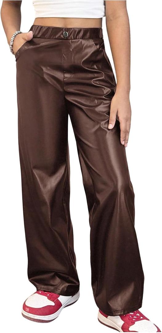 MakeMeChic Girl's PU Leather Straight Leg Pants High Waisted Zip Fly Y2K Trousers Streetwear