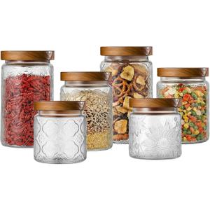 FillTouch 6 Pcs Vintage Glass Jar with Wooden Lid 17/24/34 oz Glass Airtight Food Storage Container with Lid Jar Begonia Sunflower Pattern for Kitchen Sugar Coffee Tea Beans Candy Cookie