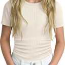 Girls Ribbed Short Sleeve T-Shirt | Crew Neck, Ribbed, Solid, Slim, Basic Layer Tops, Summer, Casual School Outfits, Trendy, Kids, Tween, Teen Youth