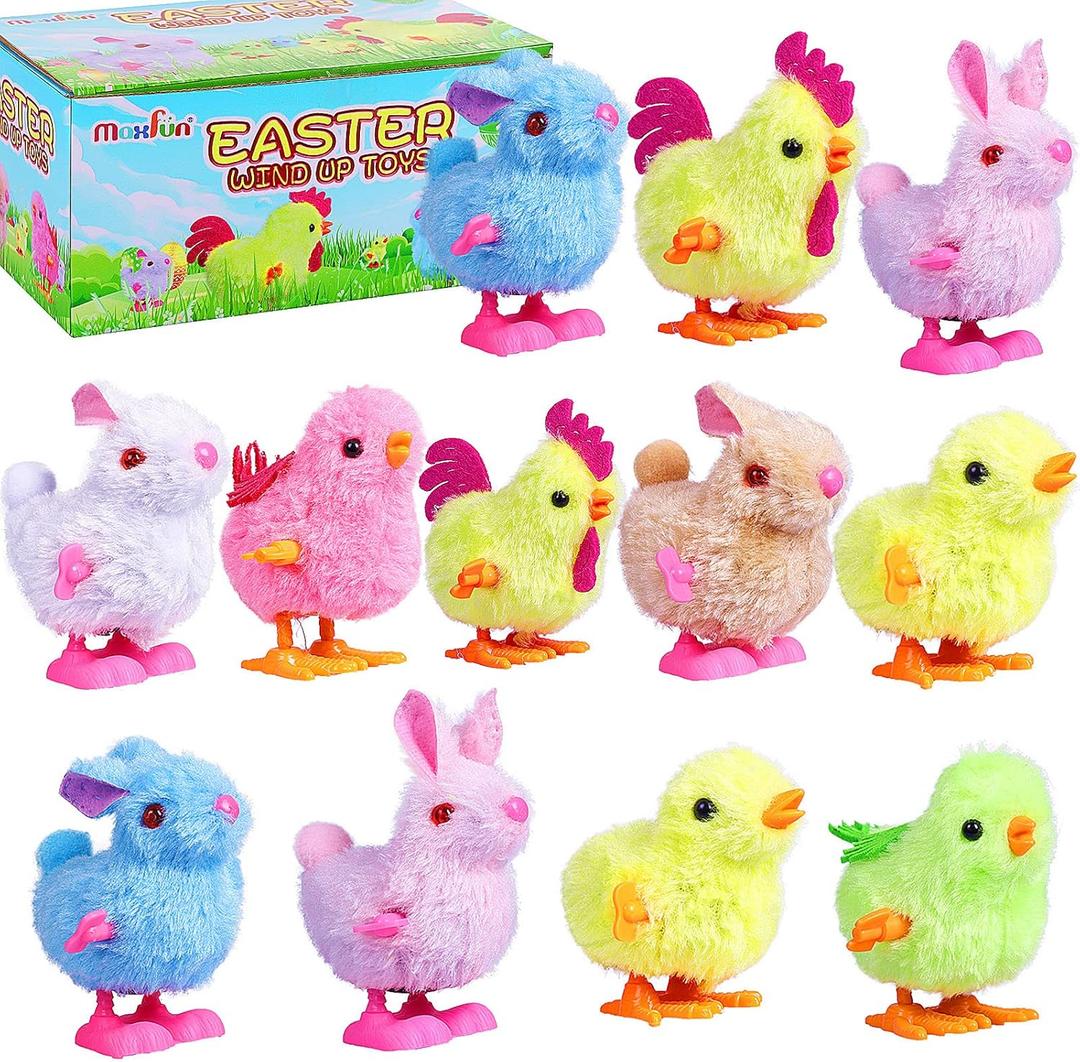 Max Fun 12Pcs Easter Wind Up Toys Easter Basket Stuffers Chicks Bunny Assortments for Easter Party Favors Easter Basket Fillers Easter Egg Hunt Easter Toys for Kids Ages 4-8