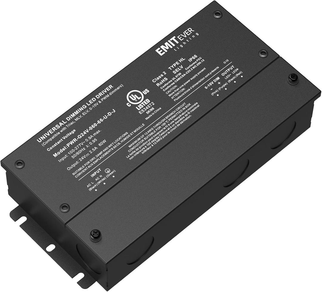 EMITEVER 60W Dimmable LED Driver, 24V Triac Dimmable Power Supply, AC to DC Transformer for LED Light, Compatible with Lutron and Leviton Dimmer, Waterproof IP67 and UL Listed, Class 2