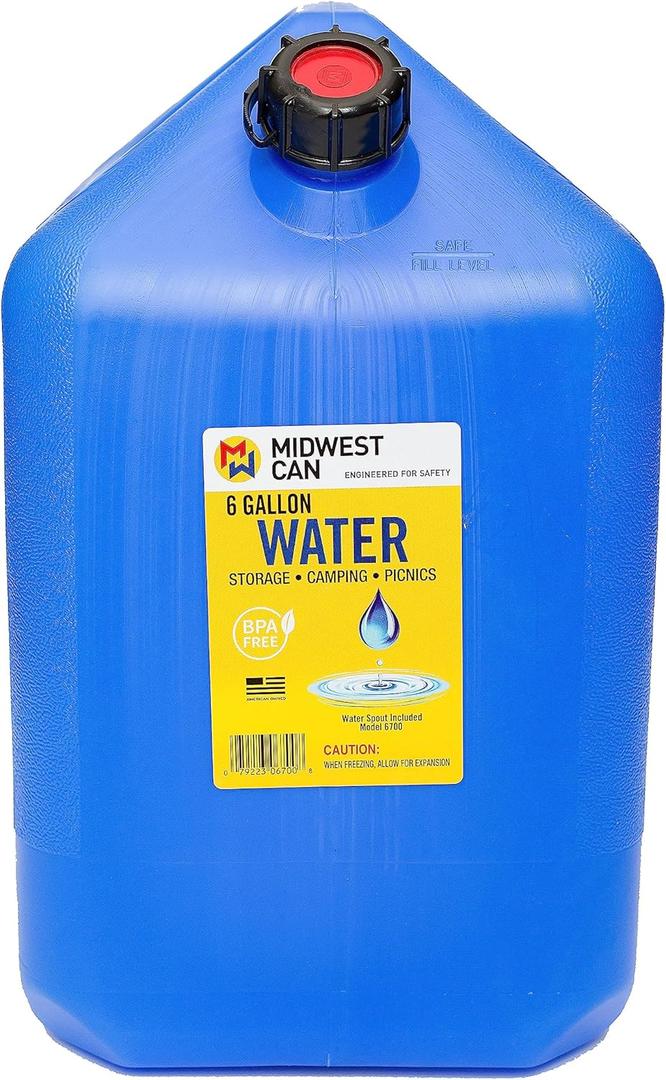 Midwest Can 6700 BPA Free Water Containers with Spout and Dual Handles - 6 Gallon Capacity Water Storage Containers for Long Term or Camping - 1 Pack