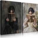 Dark Academia Wall Art Vintage Gothic Victorian Woman Reading Book Poster Print Aesthetic Dark Moody College Girl Painting Picture Wall Decor for Library Bedroom Dorm Living Room 12x16in 2pcs (12L" x 16W")