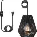 Plug-in Pendant Light,Hanging Lights Fixture With 15ft Cord On/Off Switch,Black Handwoven Rattan Basket Shade Boho Lamp for Bathroom Staircase Kitchen Island Dining Room Bar Bedroom Foyer Hallway Cafe