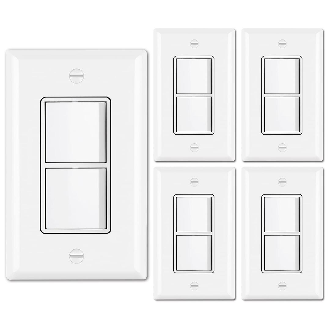 BESTTEN 5 Pack Double Light Switch, Single Pole, Combination Decorator Interrupters, 15A 120V, in-Wall On/ Off Switch, Dual Paddle Rockers, Wallplate Included, UL Listed, White