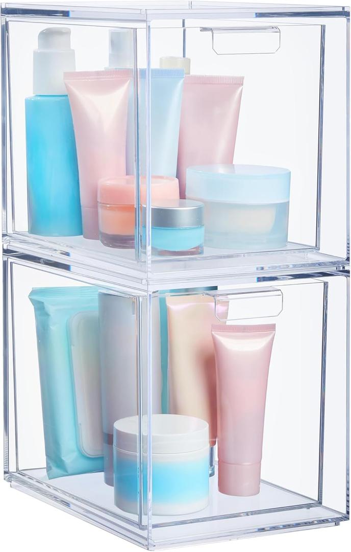 STORi Audrey Stackable Bin Clear Plastic Organizer Drawers | 2 Piece Set | Organize Cosmetics and Beauty Supplies on a Vanity | Made in USA (6.75" Tall)