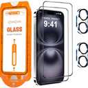 Pack of 3 QsmQam for iPhone 16 Screen Protector + Camera Lens Protector, [Military Grade Shatterproof], Ultra Top 9H+ Tempered Glass, Full Coverage Screen, with Automatic Dust Removal [2+2 Pack]