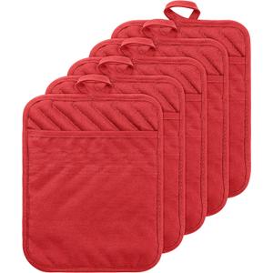 GROBRO7 5Pack Pocket Pot Holders Cotton Heat Resistant Potholder Multipurpose Hot Pads Machine Washable Oven Mitts Potholders Bulk for Daily Kitchen Baking and Cooking 7 x 9 Inch Red