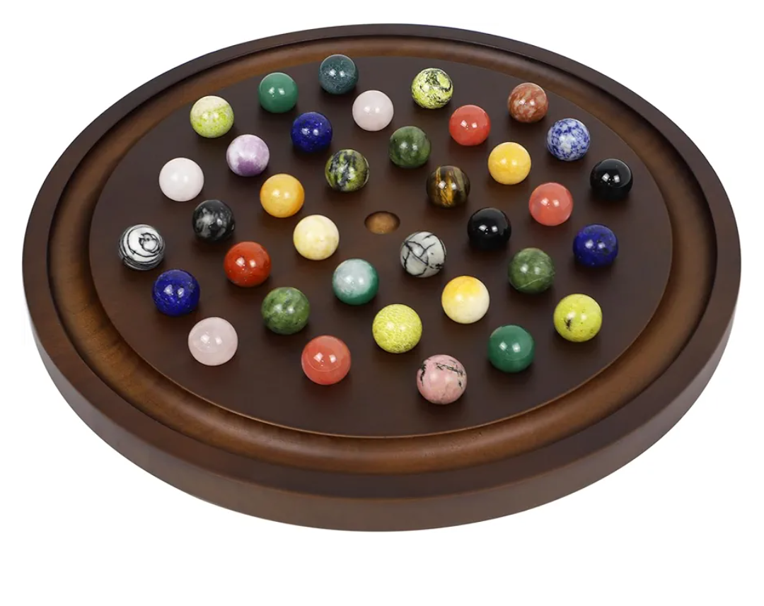 Large Solitaire Game Handmade Solid Wooden Marble Board Game Set with 36 Natural Marble Marbles Classic Thick Round Board Games for Adults Game Night (Walnut, Medium)