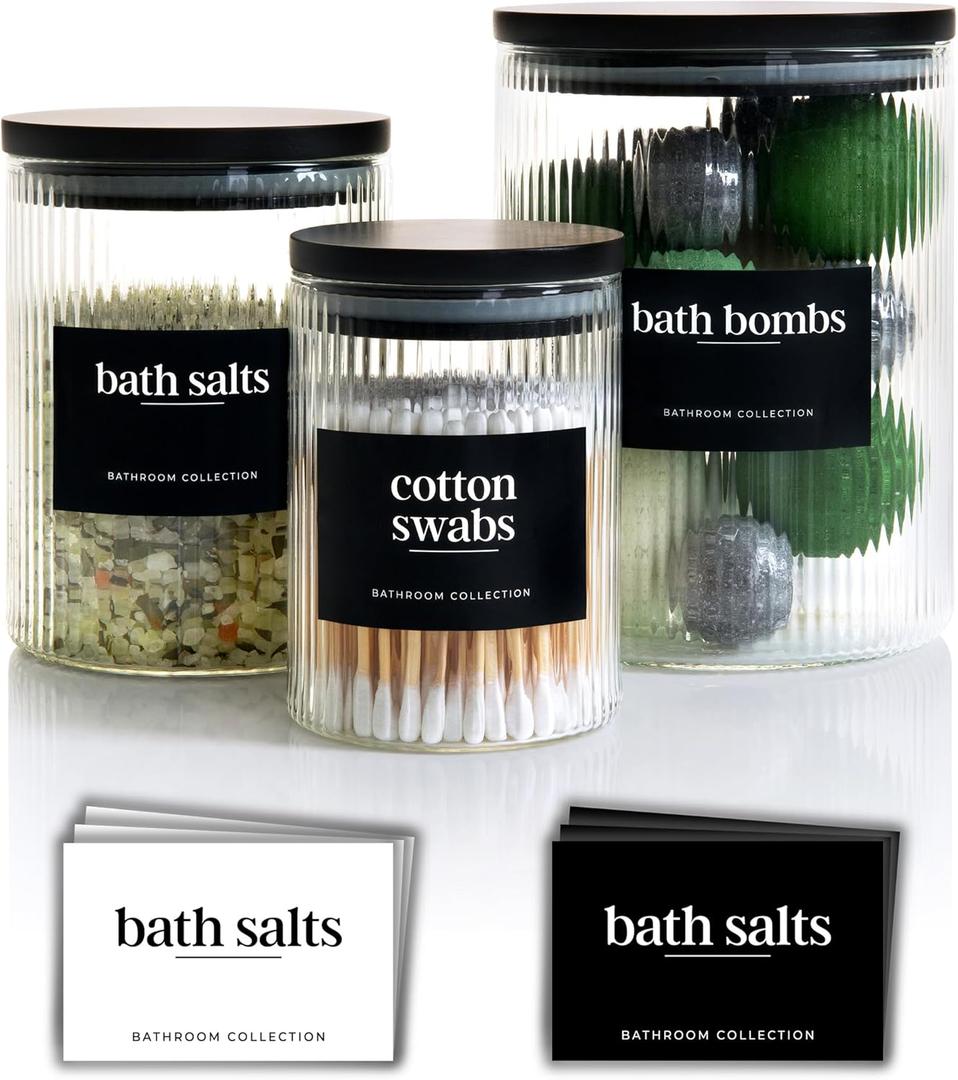 Mason & Fable 3x Ribbed Glass Bathroom Jars with Airtight Black Bamboo Lids | Cotton Pad/Buds/Q tip Holder | Bath Salt/Small Makeup/Apothecary Storage Canister- 10, 20 & 40 fl.oz