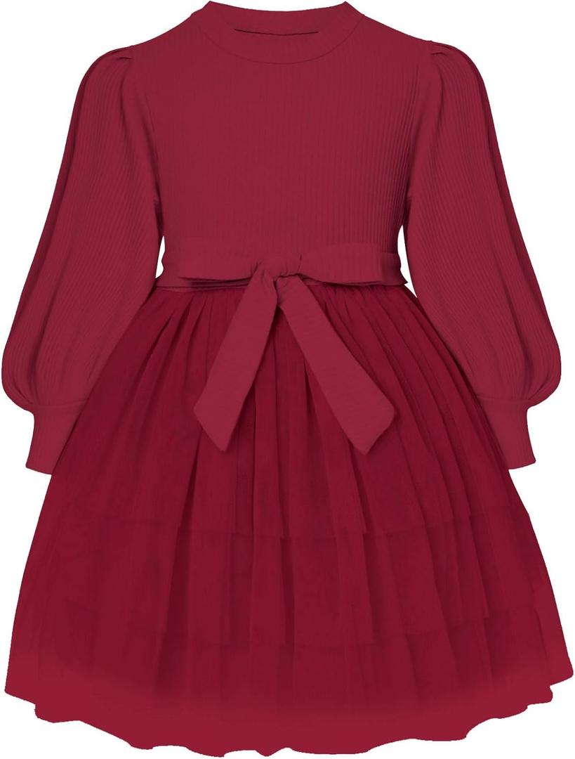 Toddler Girl Tutu Dress 4T 5T Burgundy Red Tulle Birthday Party Dresses Long Sleeves Flower Girls Princess Christmas Cotton Clothes Size 5T