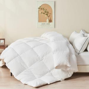 TOPGREEN Feather Down Comforter Queen Size, Luxury Extra-Fluffy Duvet Insert, All Season Bed Comforter with Ultra-Soft Organic Cotton Case (90x90 Inch, Ivory White)